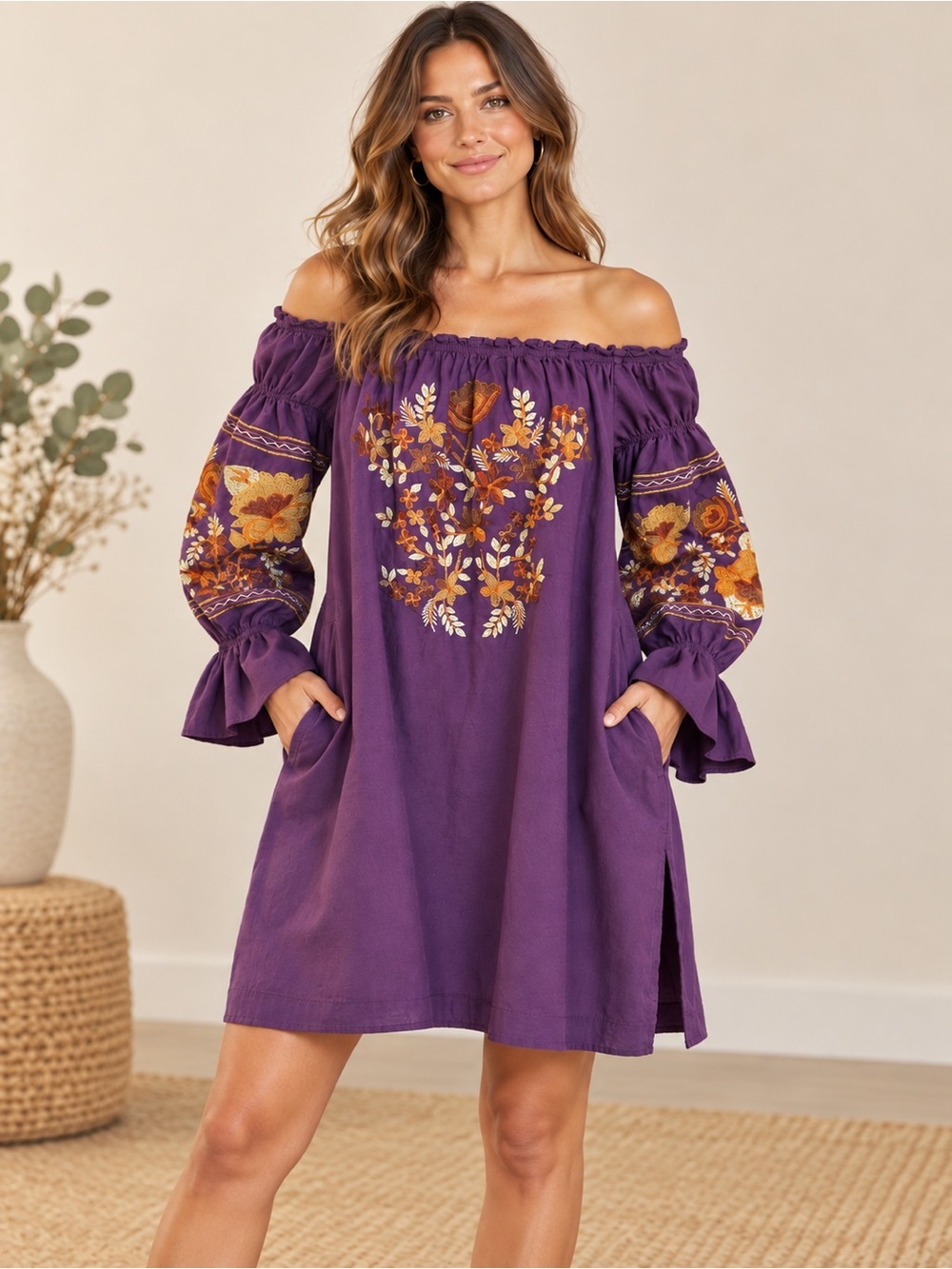 Free People XS Purple Embroidered Off Shoulder Boho Mini Dress with Pockets